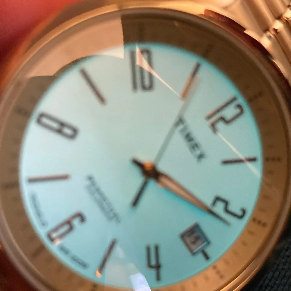 Timex gold tone Perpetual Calendar watch, stretch bracelet, new battery, indiglo